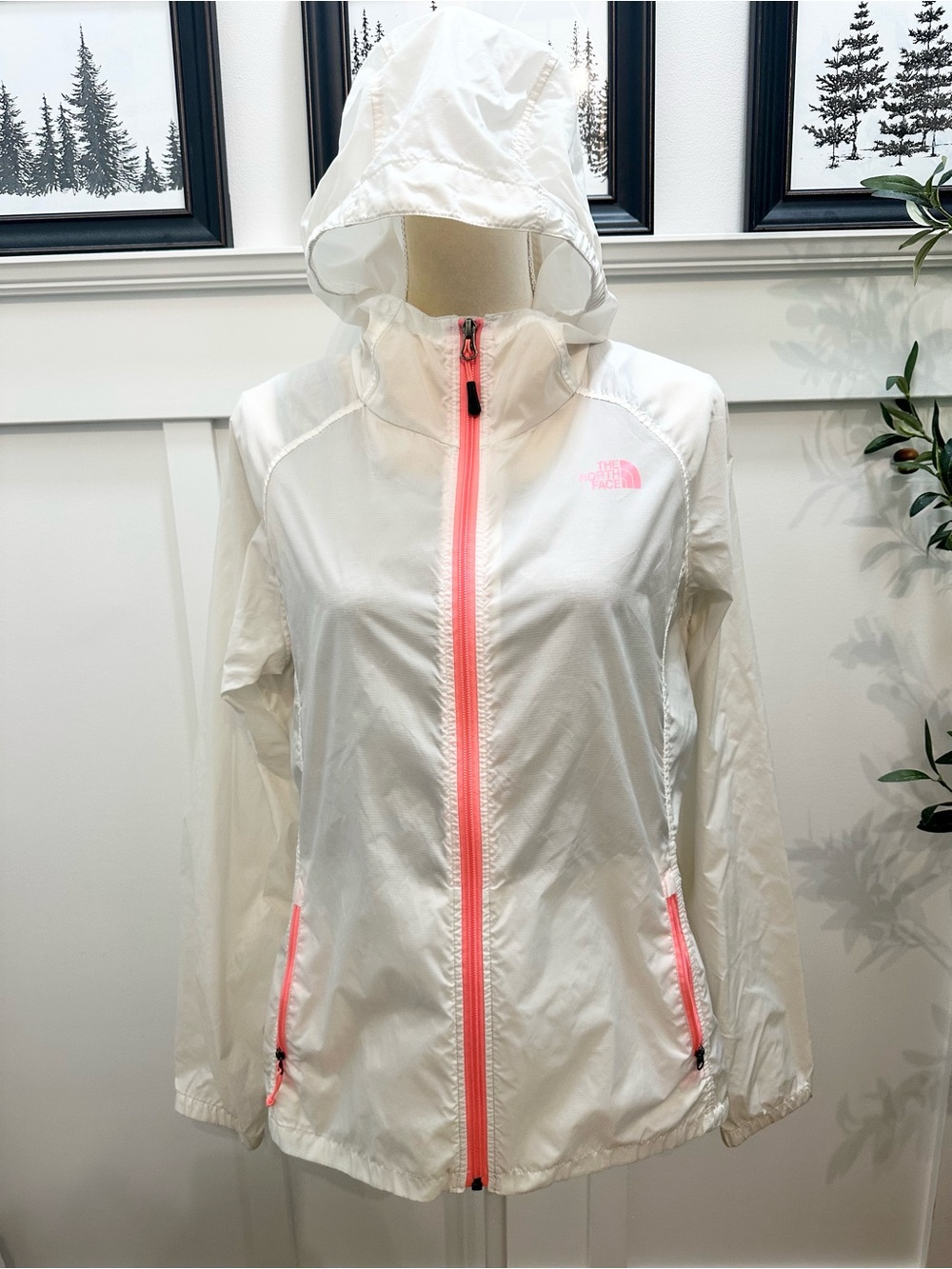 The North Face Women's White Hooded Windbreaker Jacket Pink Accents Full Zip Lg